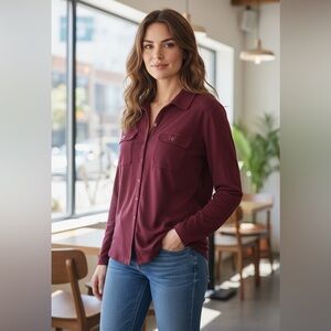 Karen Scott Burgundy Casual Button-Down Shirt